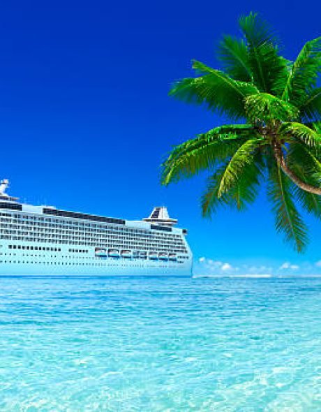 Our designed 3D rendered Cruise ship with blue Sky, Turquoise sea and white sand, green palm trees.